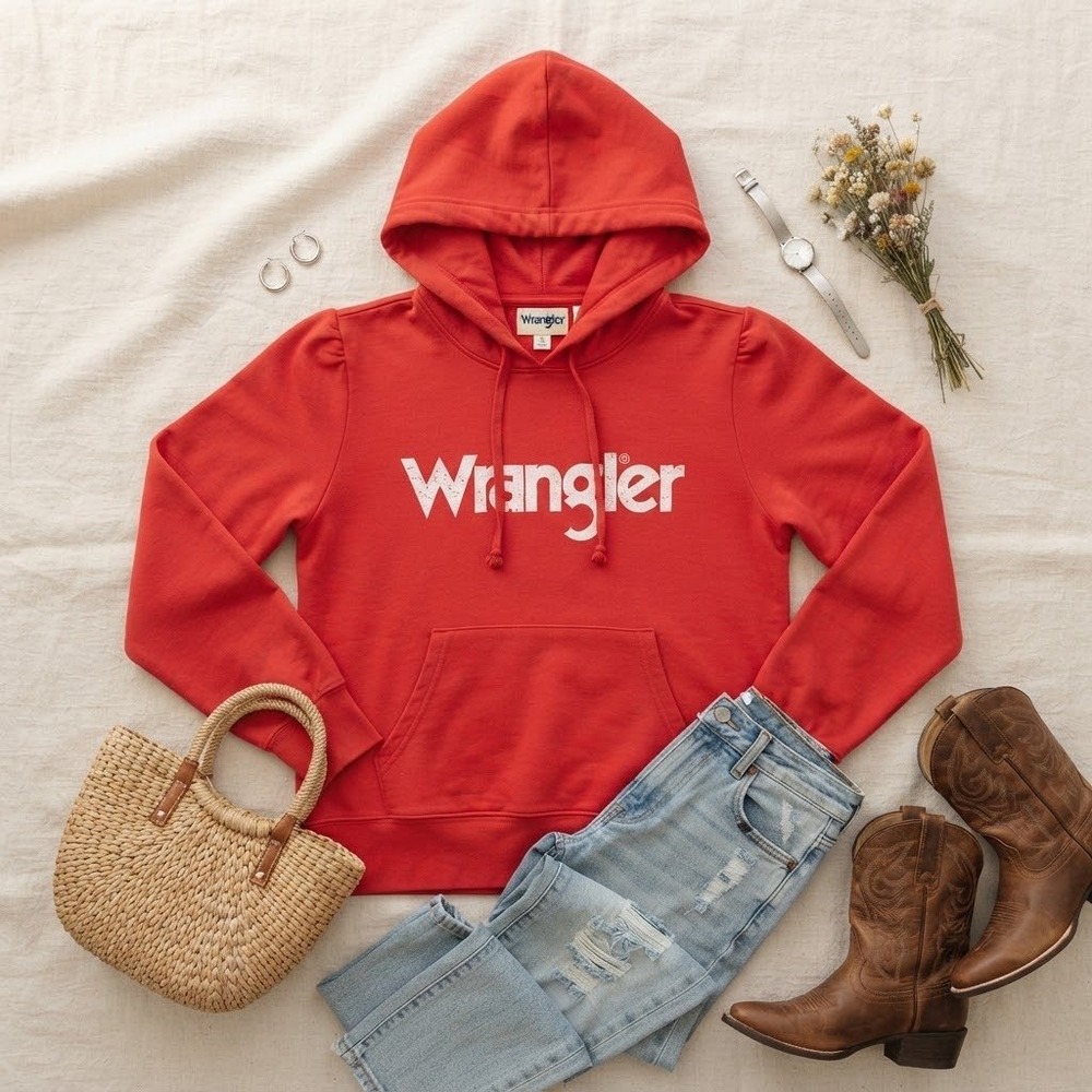 Wrangler Retro Womens Red Logo Puff Shoulder Hoodie Sweatshirt LWK478R Medium